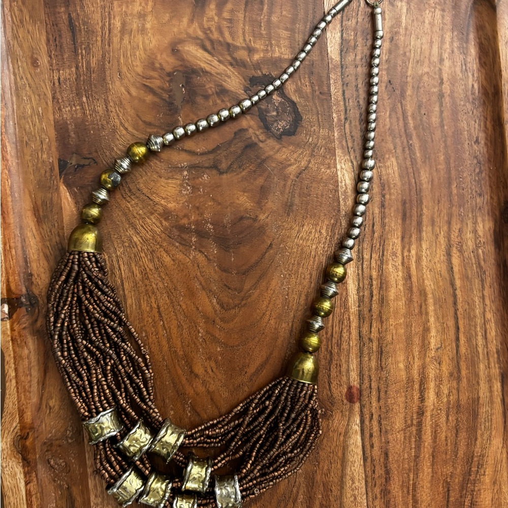 African Tribal Handmade tribal Beaded Multi-Strand mixed metal necklace old